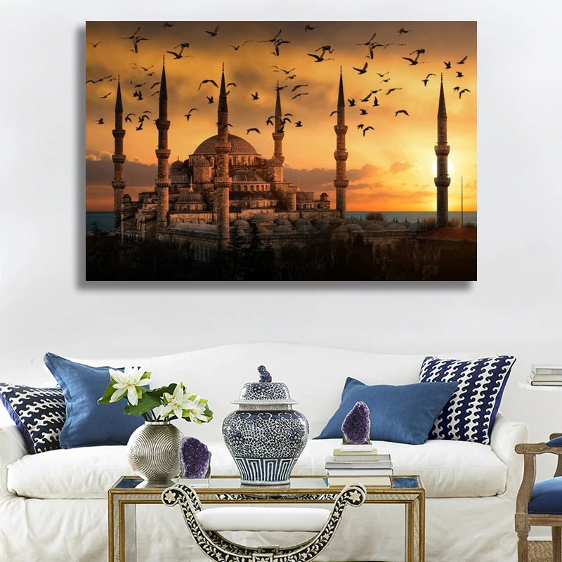 

Muslim Mosque Sunset View Canvas Painting Islamic Landscape Poster Print Wall Art Picture for Living Room Home Wall Decor Cuadro