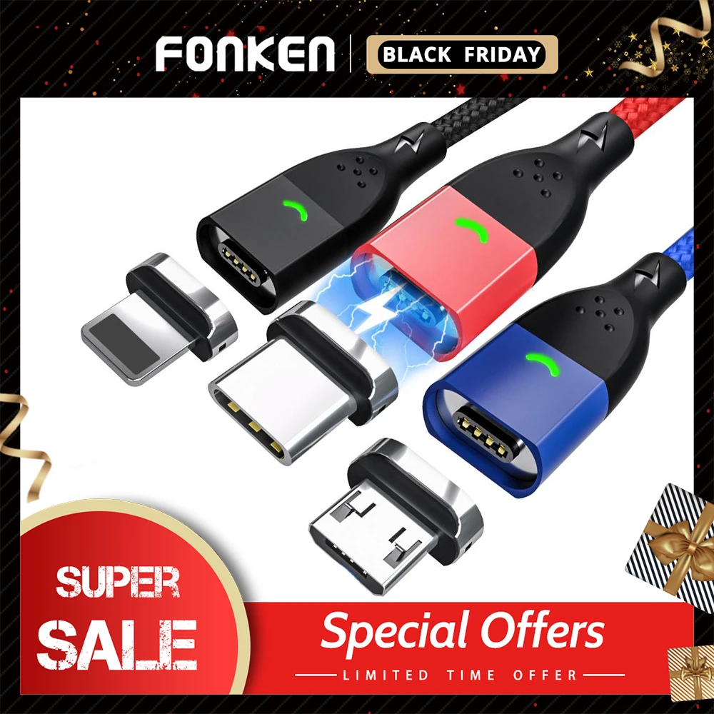 FONKEN Магнитный кабель type C кабель Micro USB провод для быстрой зарядки магнит быстрое зарядное устройство для мобильного телефона USB C кабели светодиодный провод для передачи данных