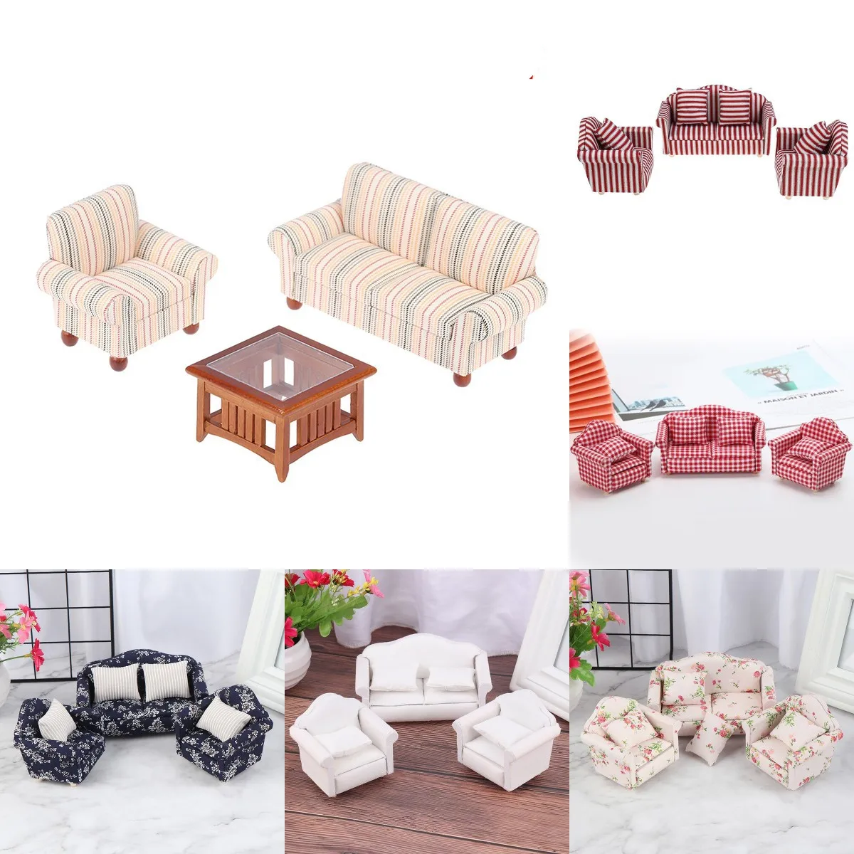 

1Set 1/12 Dollhouse Wooden Sofa Set Handmade Sofa Set Cushions Kit Dolls House Accessories Dollhouse Miniature New