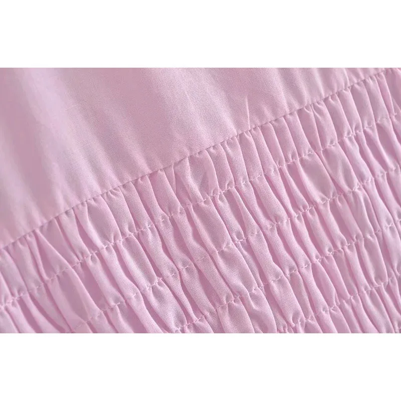 

Elegant Pink Embroidered Single Breasted Women Shirt 2021 Summer Ruffled Fashion Bodycon Casual Street Blouse Office Lady Tops