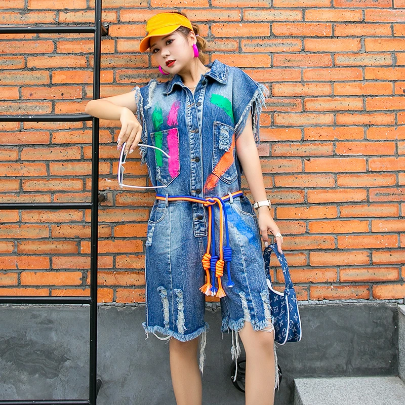 

Женский джинсовый комбинезон с принтом граффити и дырками, Летний Уличная одежда на молнии 2020