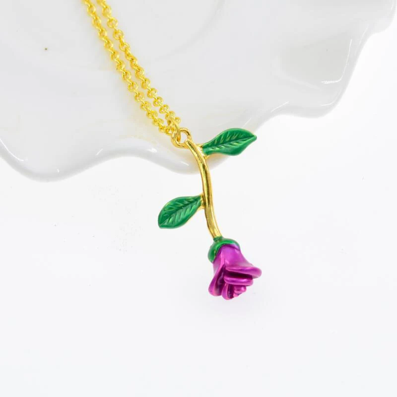 Fuchsia necklace DoreenBeads модный эмалевый кулон для женщин, девушек, розовое золото, красный цветок розы, кулон 50 см(19 5/")-45 см(17 6/8"), длинный 1 шт - Metal Color: Fuchsia necklace