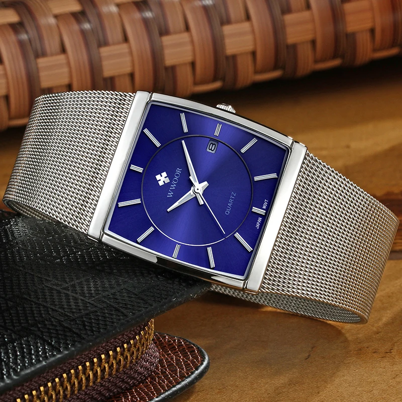 Часы WWOOR Мужские кварцевые с квадратным циферблатом роскошные синие тонкие