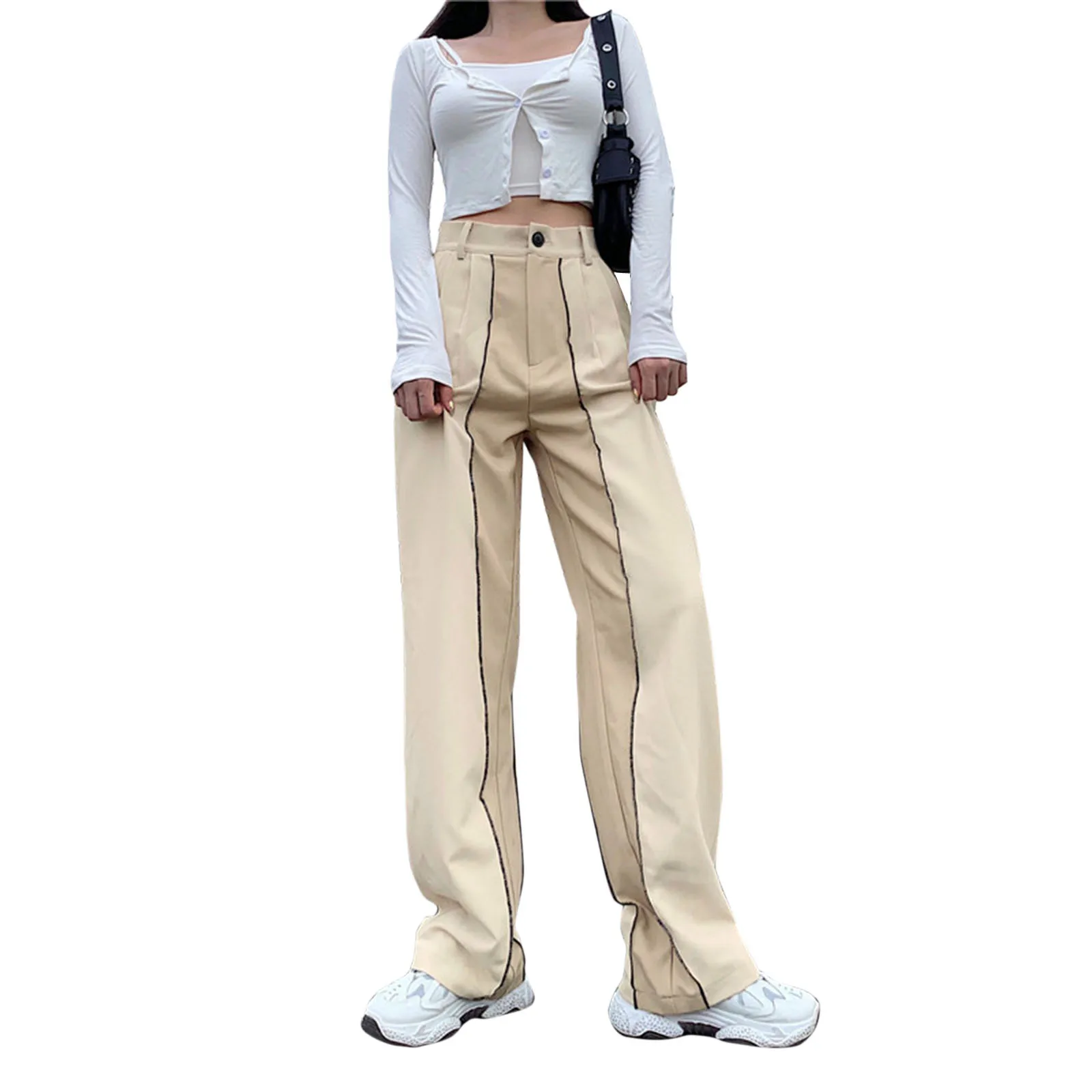 

Autumn Women's Splicing Straight Pants Casual Fashion Beige High-Waist Trousers Striped Loose Wide-Leg Fall Bottoms