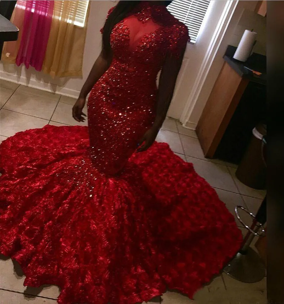 

Stunning Red Mermaid Prom Dresses 2020 High Neck 3D Rose Flowers Floral Sweep Train Evening Gowns Plus Size Red Carpet Dresses