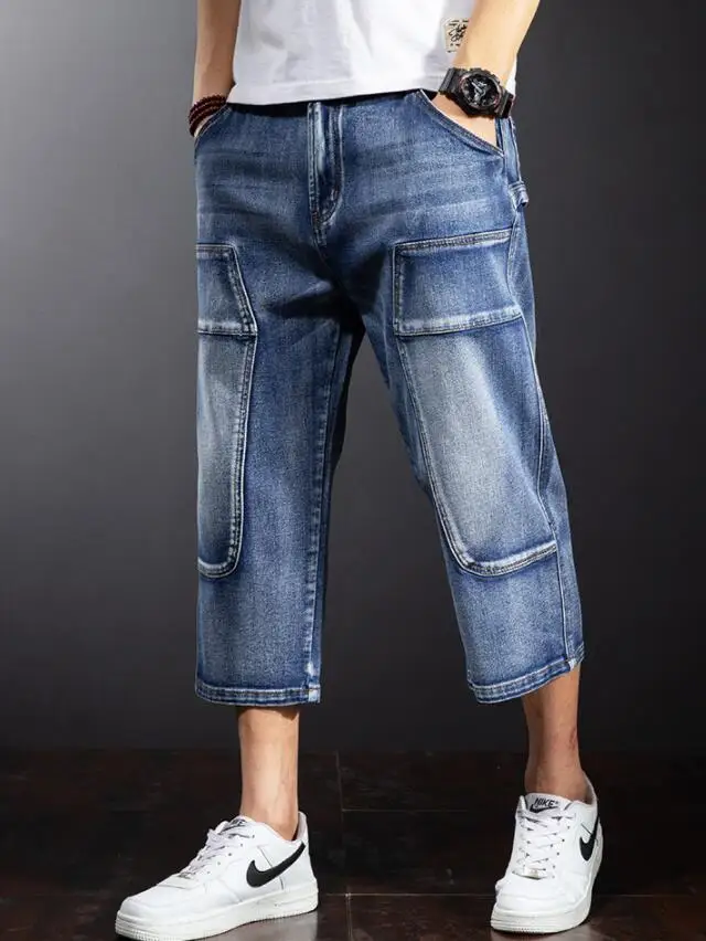 Brand Mens Jeans Denim Shorts Cotton Cargo Shorts Big Pocket Loose Baggy Wide Leg Bermuda Beach Boardshort Size 28-44