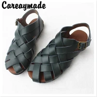 careaymade summer flat soft bottom casual womens sandals original single head layer cowhide hand knitting sandals3 colors