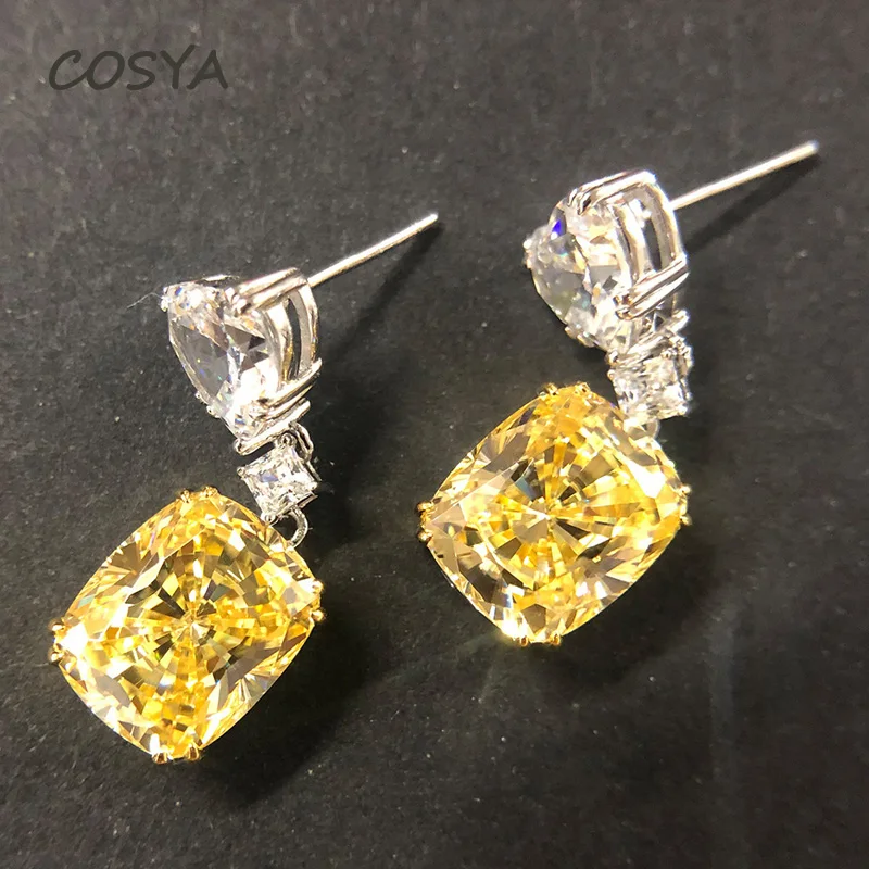 

COSYA 100% 925 Sterling Silver 10*12mm Citrine Square High Carbon Diamond Engagement Drop Earrings 11 Carats Women Fine Jewelry