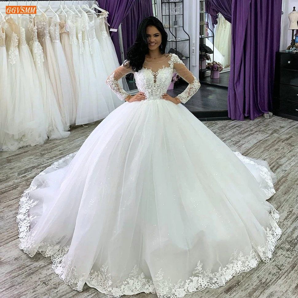 Летние белые свадебные платья с длинным рукавом аппликацией из бусин бальное