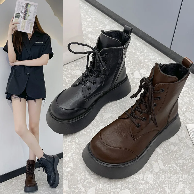 

Women Platform Leather Boots Med Heel Height Increasing Short Boot Autumn Fashion Pumps Shoes SizeZip Closure