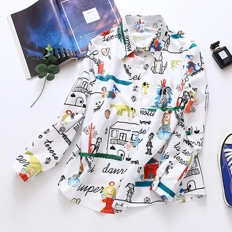 

Women Tops Blouses Autumn Cartoon Print Shirt Long Sleeve Vintage Loose Single-breasted Long Sleeve Blouse