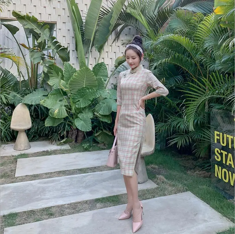 2 Осень китайский cheongsam qipao женское сексуальное платье с разрезом Женская традиционная одежда винтажная клетчатая qipao красный синий 3XL - Цвет: 2
