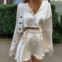 2021 new summer white dress casual satin two piece set ladies o neck button top bandage pencil skirt costume fashion party set