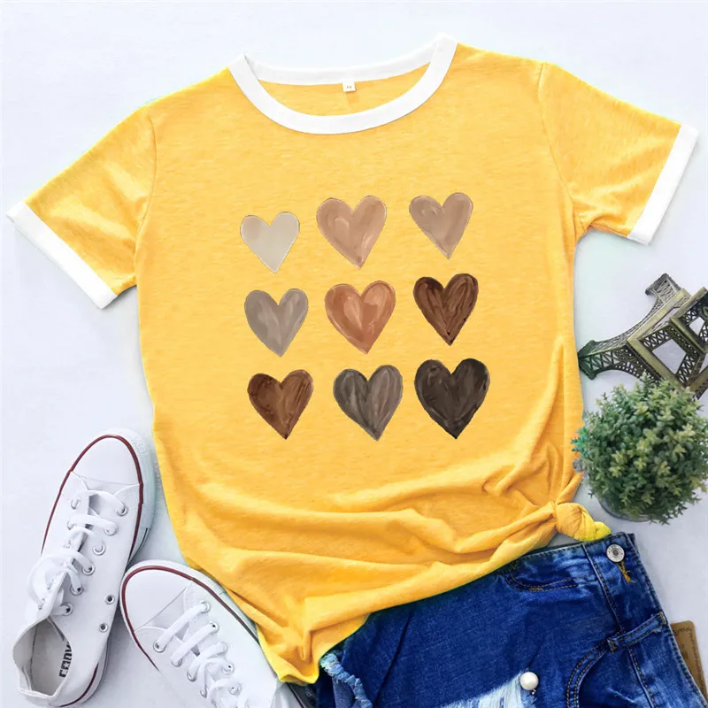 

Summer T Shirt Women White Patchwork Short Sleeve Funny Graffiti Heart Print Graphic Tshirt Tees Casual Ladies Harajuku Tops