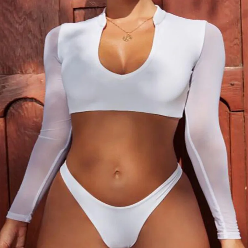 

2021 Sexy Mesh Bikini Women Swimwear Long Sleeve Swimsuit Push Up Bikini Set Bathing Suits Beach Swimming Suit Plus Size S-3XL
