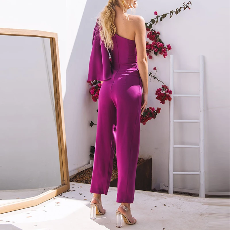 

Summer Solid Elegant One-Shoulder Asymmetric Bow Decoration Simple and Capable One Piece Bodycon Jumpsuit Rompers Women