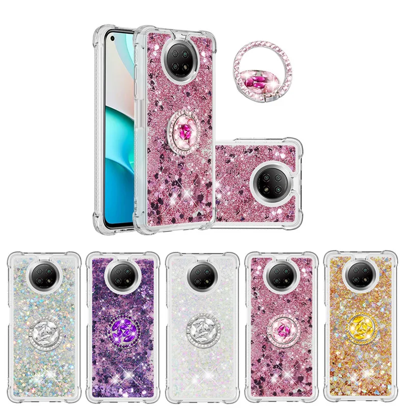 

Diamond Finger Ring Cases for Xiaomi Redmi Note 9 5G Case Glitter Liquid Holder Back Phone Cover For Redmi Note 9T 5G Coque Capa