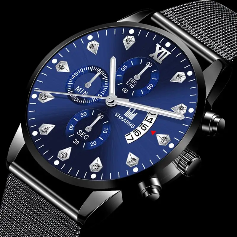 Мужские часы 2019 из нержавеющей стали с сетчатым ремешком черные деловые