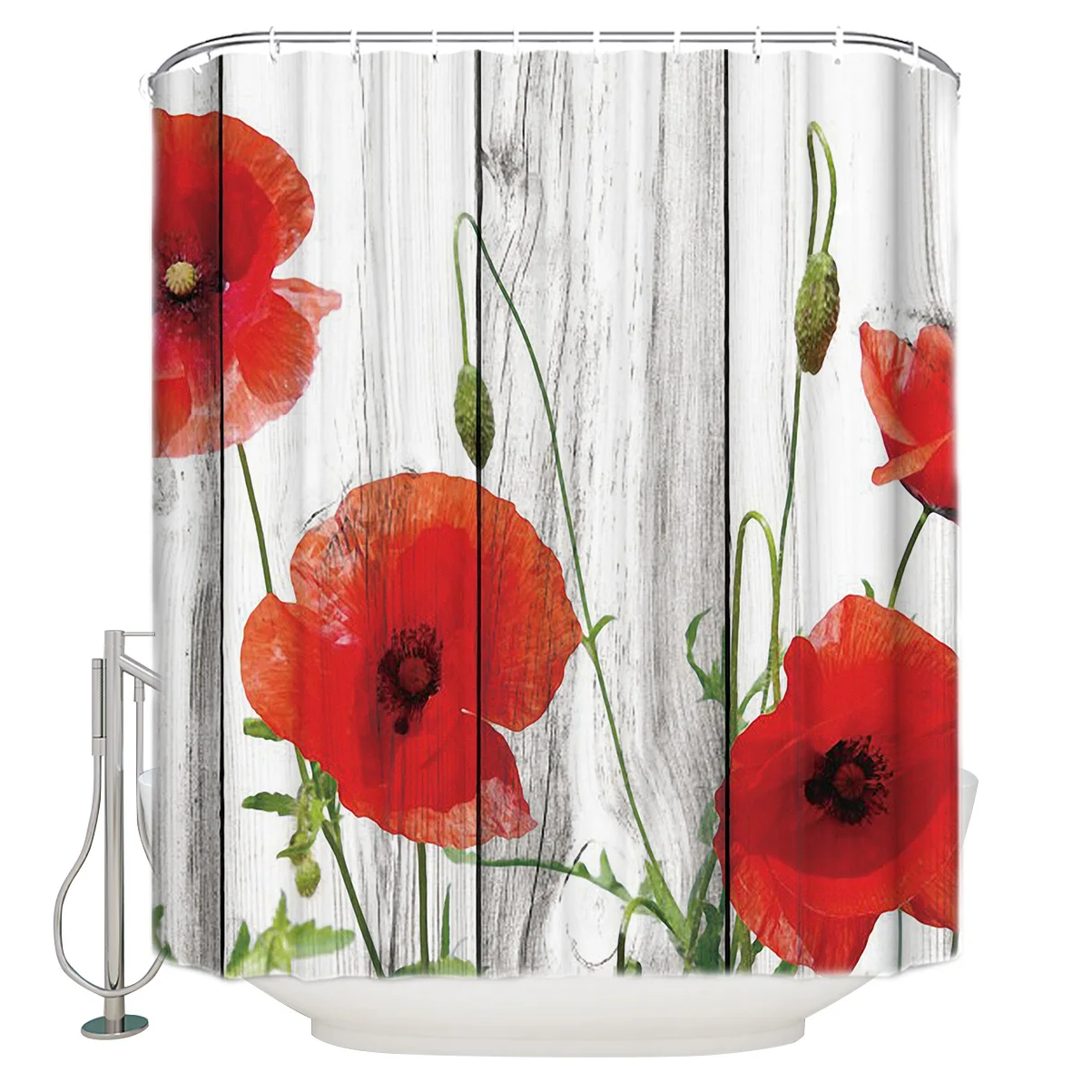 Винтажная деревянная текстура фон Красный мак Полиэстеровая ткань занавеска для