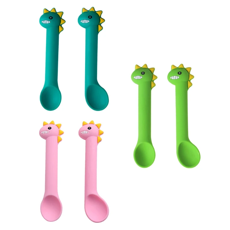 

2Pcs Baby Feeding Spoon BPA Free Silicone Cute Cartoon Dinosaur Utensils Infant Learning Training Tableware