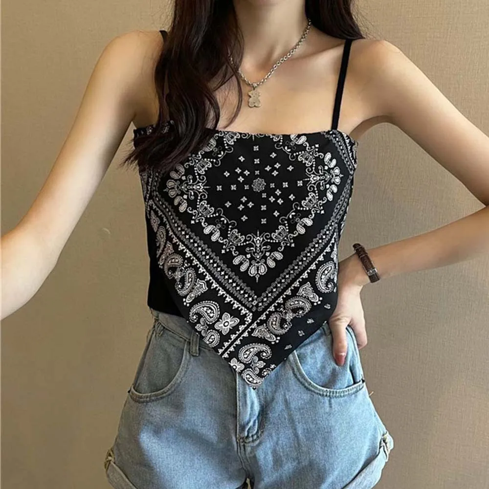 

Women Satin Tie Back Knot Spaghetti Bandana Tube Crop Top Sleeveless Blouse Summer Fashion Print Up Camisole Wrapped Tube Top