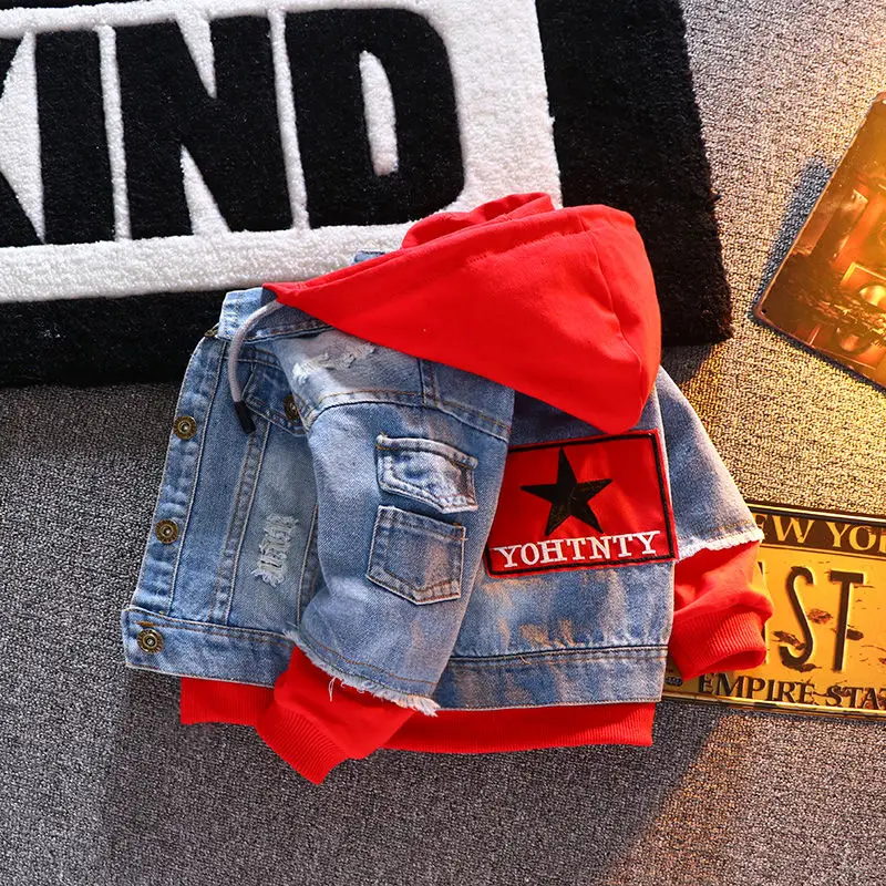 

Denim Jackets For Boys Girls Jackets Baby Coats Blue Denim broken hole 2-8Y Hooded Outerwear Windbreaker Kids Jeans Coats