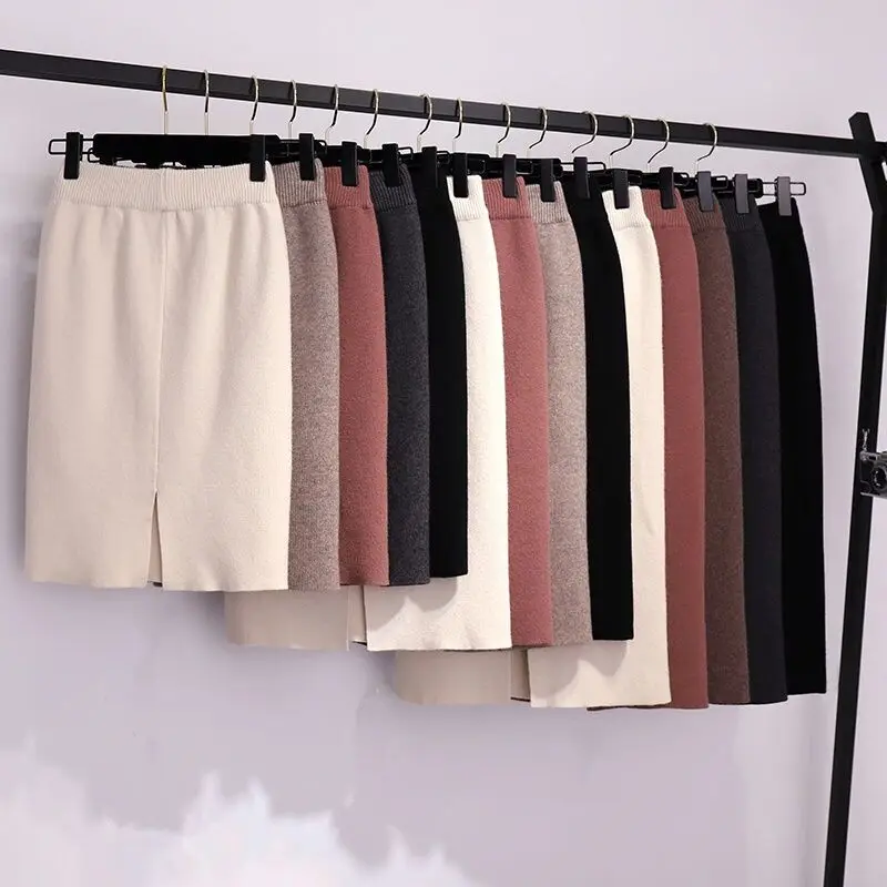 Осенне зимняя шерстяная вязаная юбка с высокой талией и разрезом Женская