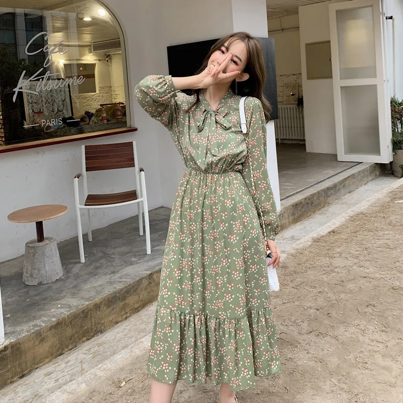 Платье BGTEEVER женское демисезонное шифоновое с длинными рукавами и бантом на шее |