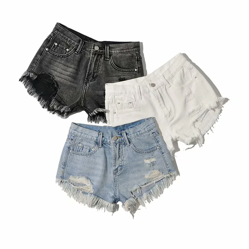 

Summer new women's street casual low waist ripped denim shorts solid color was thinning washed raw edge denim shorts women