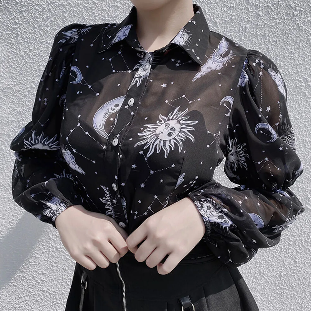 Сексуальная шифоновая блузка женские топы весна Готическая луна звезды солнце