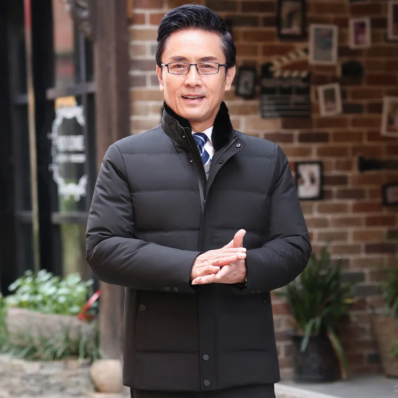 

Top Quality Men winter down jacket thick detachable fur collar warm business stand collar 90% white duck down coat outerwear8908