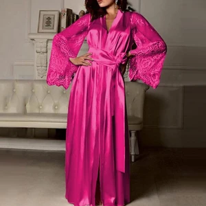 Female Lace Patchwork Long Bathrobes Nightgown Soft Silk Dressing Gown Bathrobe For Women Sleepwear  in USA (United States)