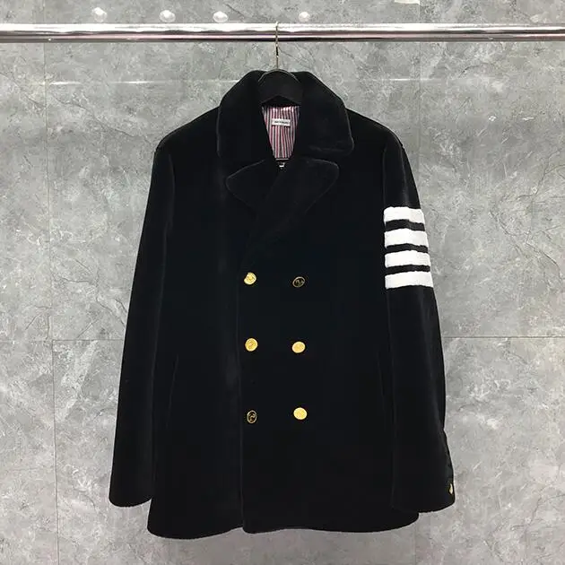 

TB THOM BULUO Fashion Brand Jacket Men Winter Coat Double Breasted Genuine Mink Cashmere Black Thick Casual Men's Clothing