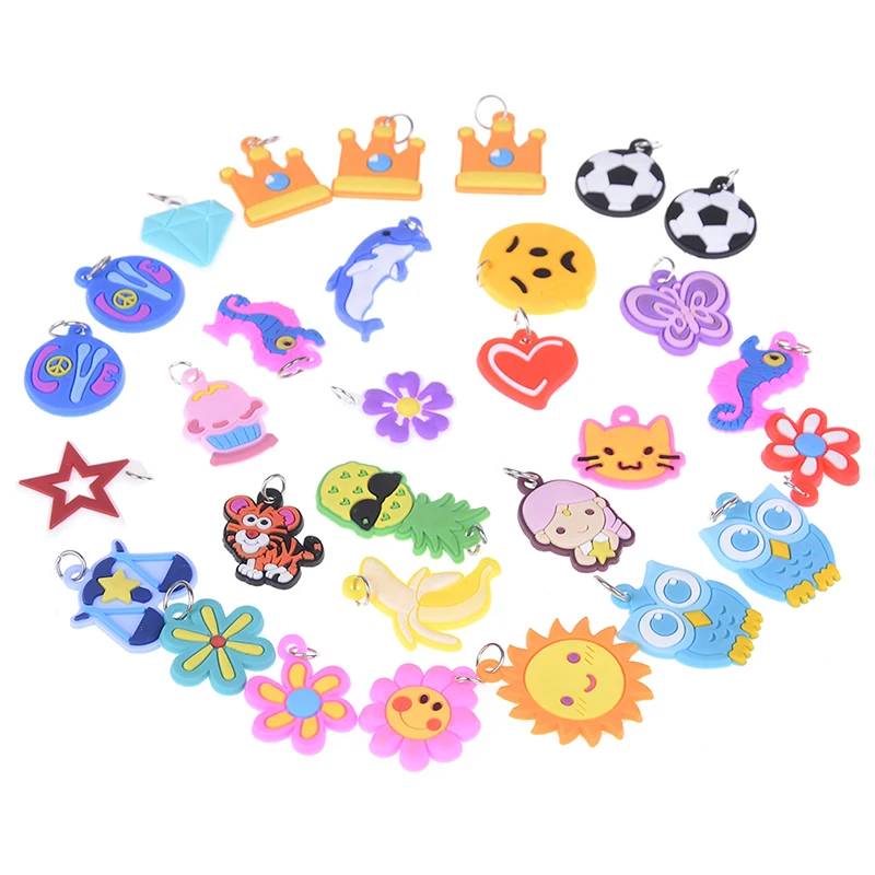 

30pcs DIY Cartoon Making Beads Toy Puzzles Rubber Band Bracelet Jewelry Random Style Colorful Animal Flower Beads Pendants