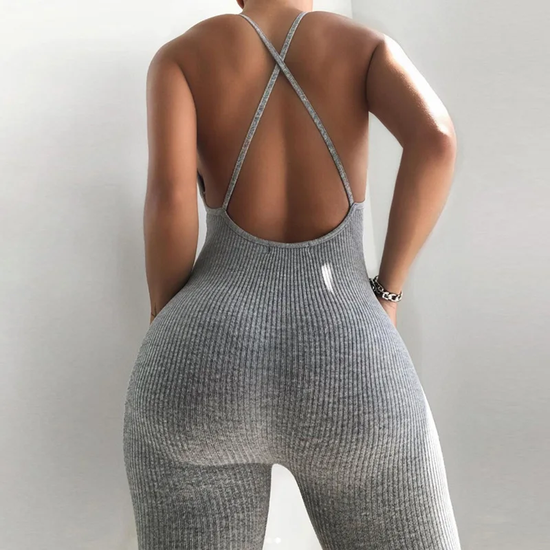 

BIIKPIIK V-neck Skinny Sexy Jumpsuit Women Summer 2020 Hollow out Partywear Halter Sleeveless Streetwear Outfit Fitness Backless