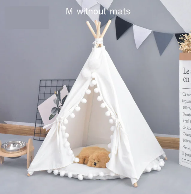 white tent only Pet House Cute dog tent outside tent House Kennels Washable Tent Puppy Cat Indoor Outdoor Portable Teepee Mat 2 Styles - Color: white tent only