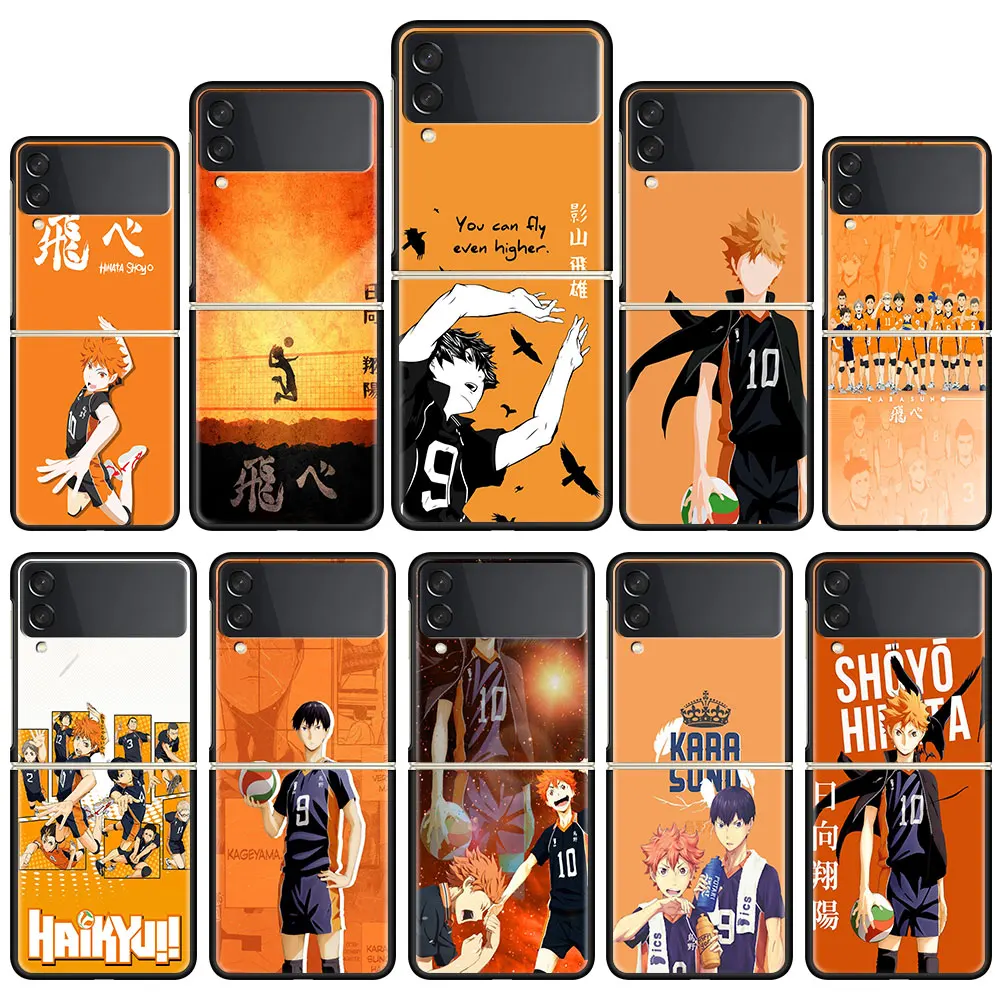

Folding Phone Case Cover For Samsung Galaxy Z Flip Black PC Hard Shell Z Flip3 5G Painted Back Funda Coque Cartoon Haikyuu