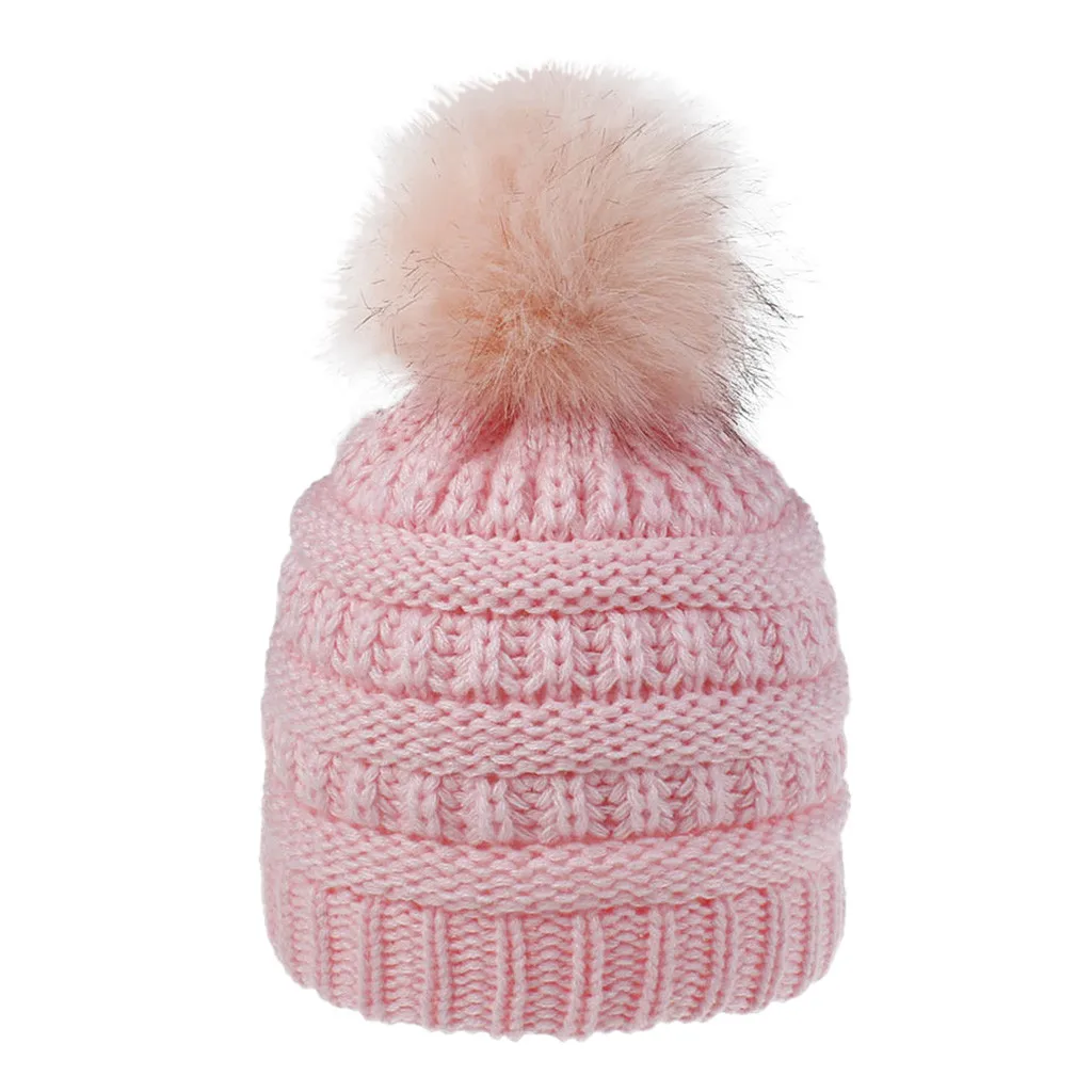 

New Children Girls Keep Warm Winter Casual Knitted Hat Hemming Hat Ski Hat Children's knit ball cap detachable hair ball cap A1