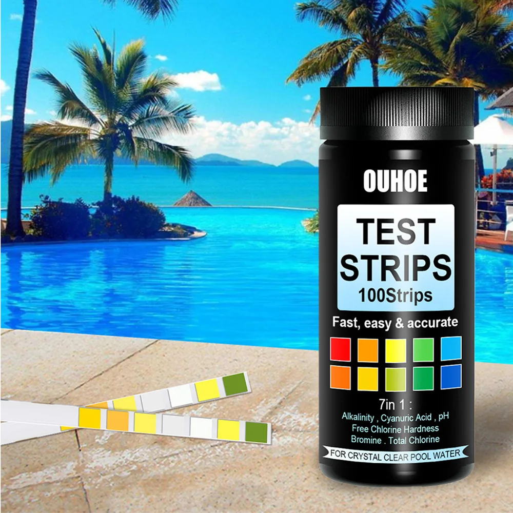 

100 Strips 7 in 1 Test Strips Swimming Pool Spa Reagent Alkalinity Bromine Strips for Water pH Chlorine Hardness Tools 40%off