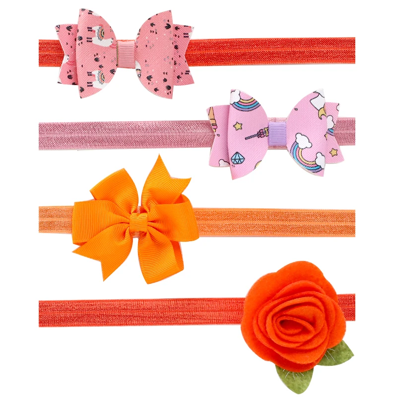 

4Pcs Grosgrain Ribbon Bow Nylon Headband Unicorn Printed Leather Hair Bows Elastic Wraps Solid Hair Band Infant Nylon Headwear