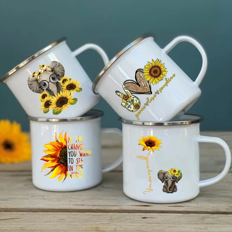 

Peace Love Sunflower Elephant Print Mugs Creative Coffee Tea Cup Drinks Water Milk Cup Enamel Mug Vintage Handle Drinkware Gifts