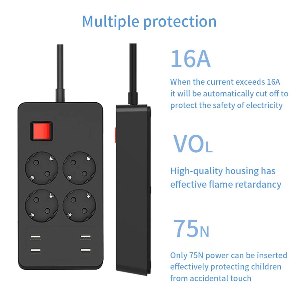 

Electrical Power Strip Overload Protection 1.5M/5ft Cord EU plug Socket Extension Desktop Power socket 4 Outlets 4 USB Ports