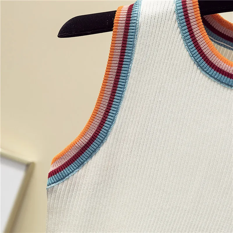 women Striped Color collision knitted vest female lady Girls suspenders waistcoats thin summer ice silk sleeveless Tank Tops