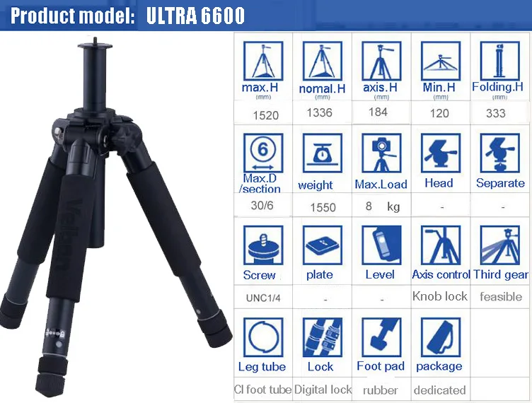 Velbon ULTRA 6600 Профессиональный SLR Штатив для путешествий Фотография Портативный Устойчивый Штатив кронштейн