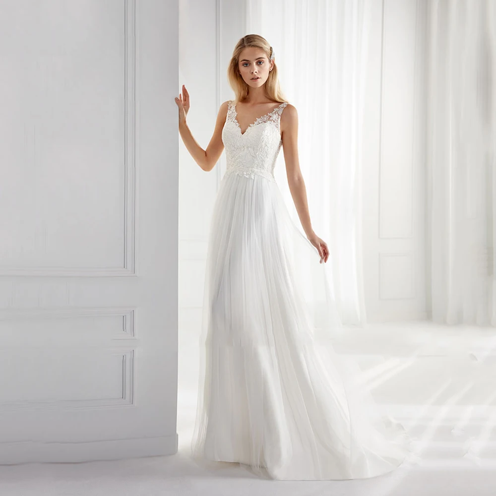 

Elegant A-Line Wedding Dresses Tulle V-Neck Open Back Sleeveless Lace Applique Sweep Train Bridal Gowns 2021 Vestidos De Noivas