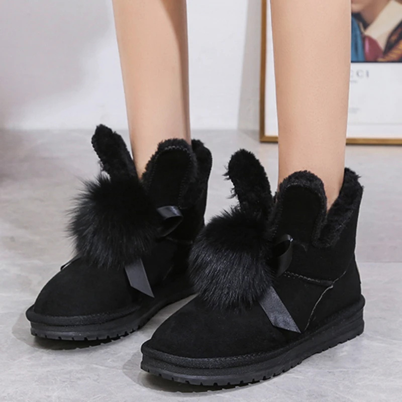 

Rimocy Cute Fur Ball Warm Snow Boots Women Winter Thick Plush Flat Ankle Boots Woman Slip on Low Heel Platform Cotton Shoes Lady