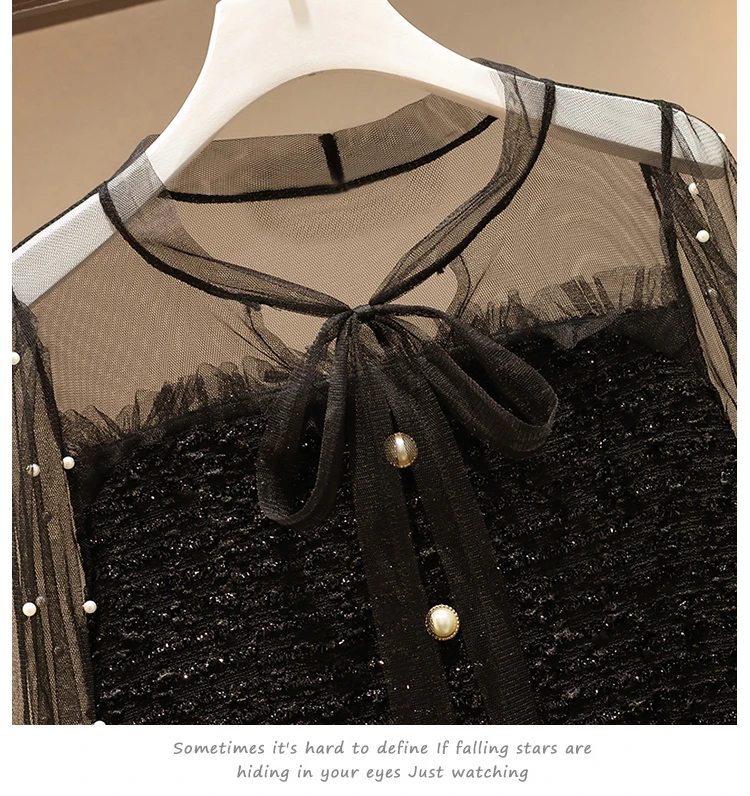 Женское твидовое платье HAMALIEL лоскутное Сетчатое однобортное с бантом и бусинами