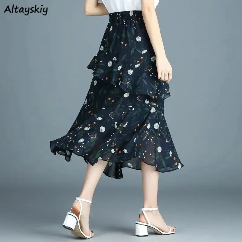 

Floral Skirts Women 4 Colors Empire Chiffon Summer Long New Folds Simple Streetwear All-math Trendy Cool Thin Soft College Sweet