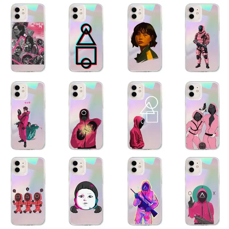 

Squid Game Phone Case for iPhone huawei P 7 8 9 11 12 10 30 40 S X XS XR MINI Pro Max Plus laser Transparent Glitter Round Six