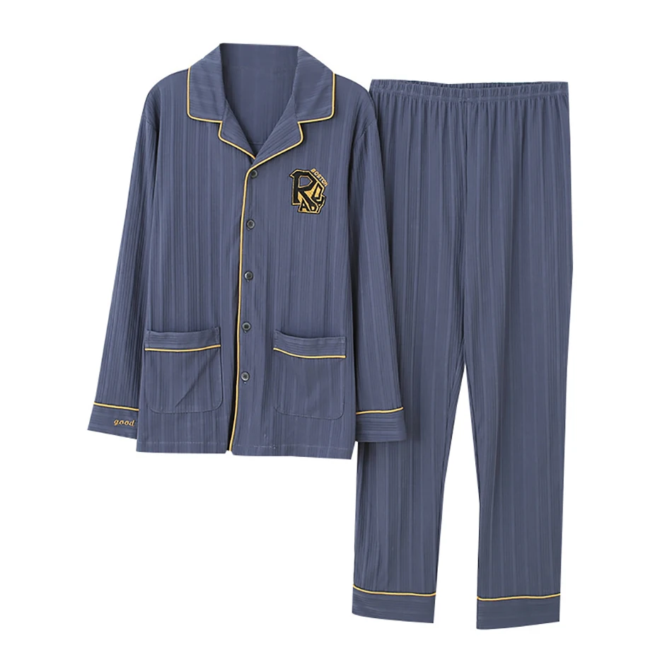 

Пижама Мужская в полоску с отложным воротником, одежда для сна с карманами и принтом, комплект из двух предметов, домашняя одежда, осень